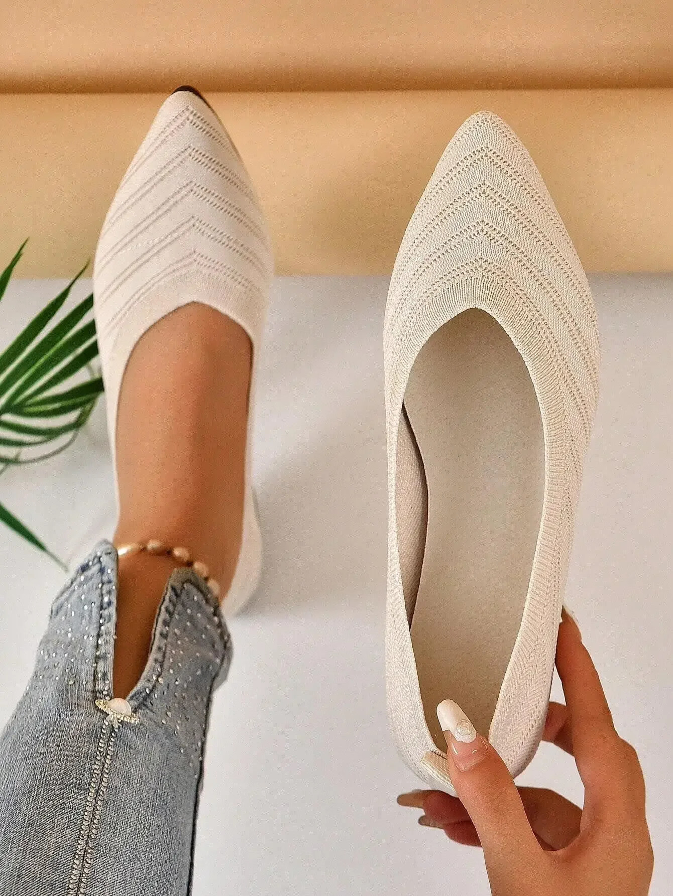 Pointed Toe Flat Boat Solid Color Knitted Slippers Casual Breathable Ballet Flat Womens Shoes Loafers Zapatos Mujer 2024 Tendencia 241213