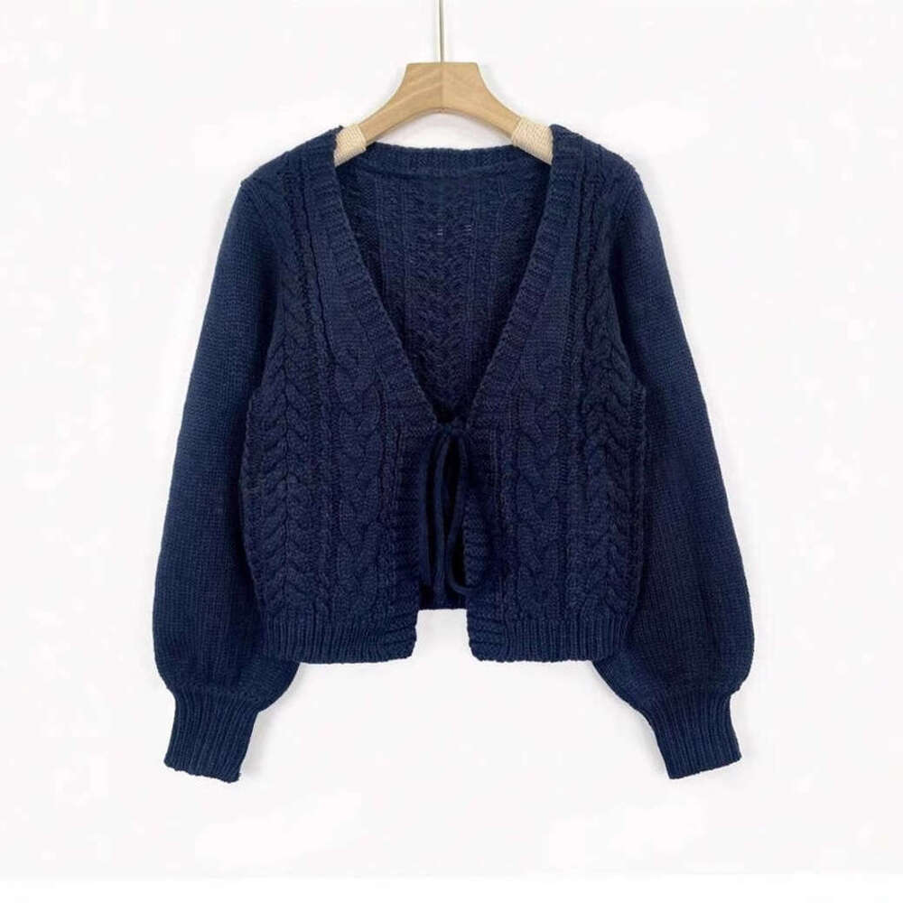 Europe And America V-Neck New Style Lace Knit Cardigan Solid Color Retro Fried Dough Twists Clothes Autumn Women's Long Sleeved Coat