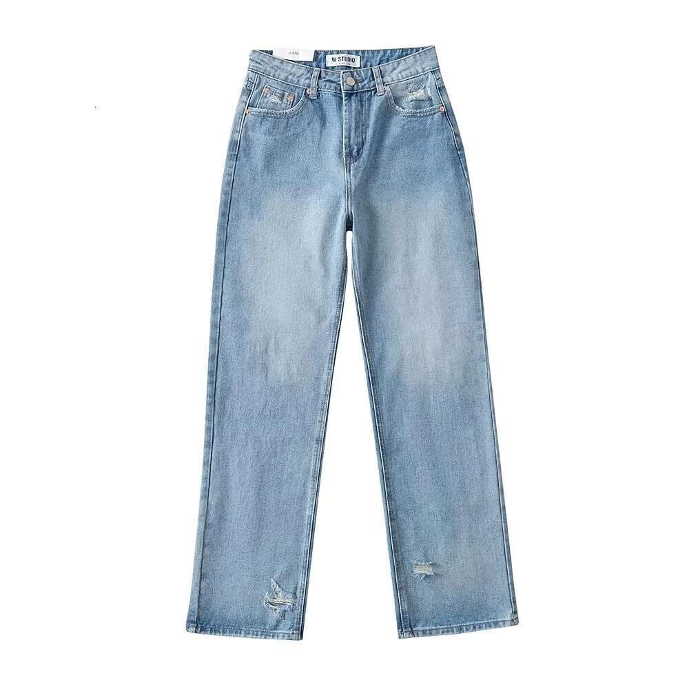 Spicy girl high waist, loose fit, slimming effect, straight jeans with holes in the back legs, women's summer vintage wide leg denim pants, 2024 