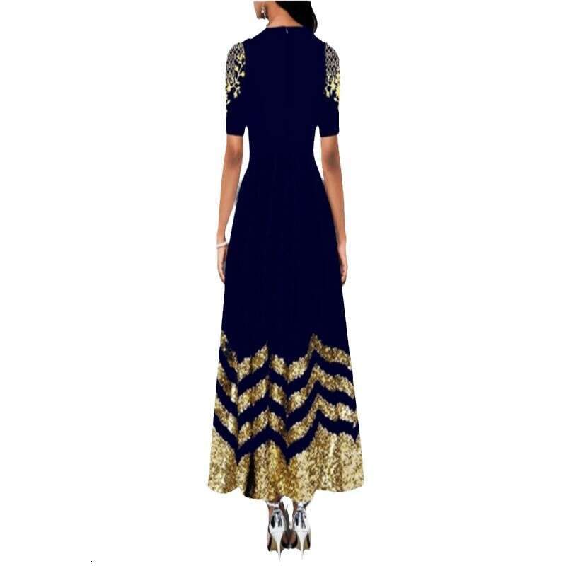 European and American mid sleeve printed African long skirt round neck elegant retro women 2024 new casual versatile fashion clothing