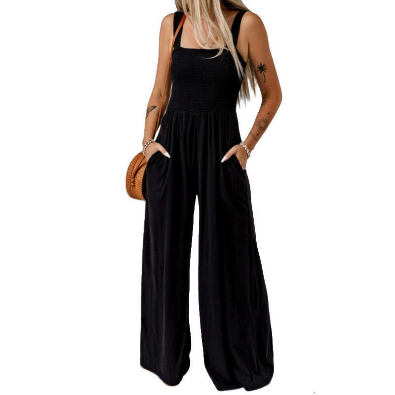 Black Square Collar Pleated Jumpsuit For Women, European And American Casual Slimming Overalls, Wide Leg Pants