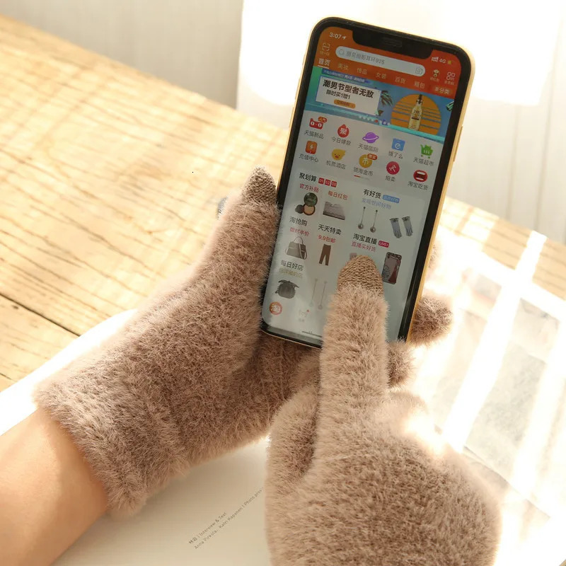 Knitted gloves for winter warmth thick screen fur mobile phones tablets computer pads cashmere and wool 241212