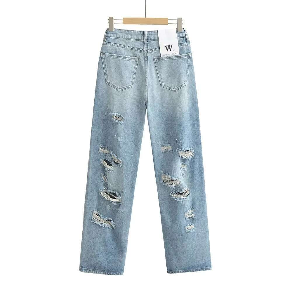 Spicy girl high waist, loose fit, slimming effect, straight jeans with holes in the back legs, women's summer vintage wide leg denim pants, 2024 