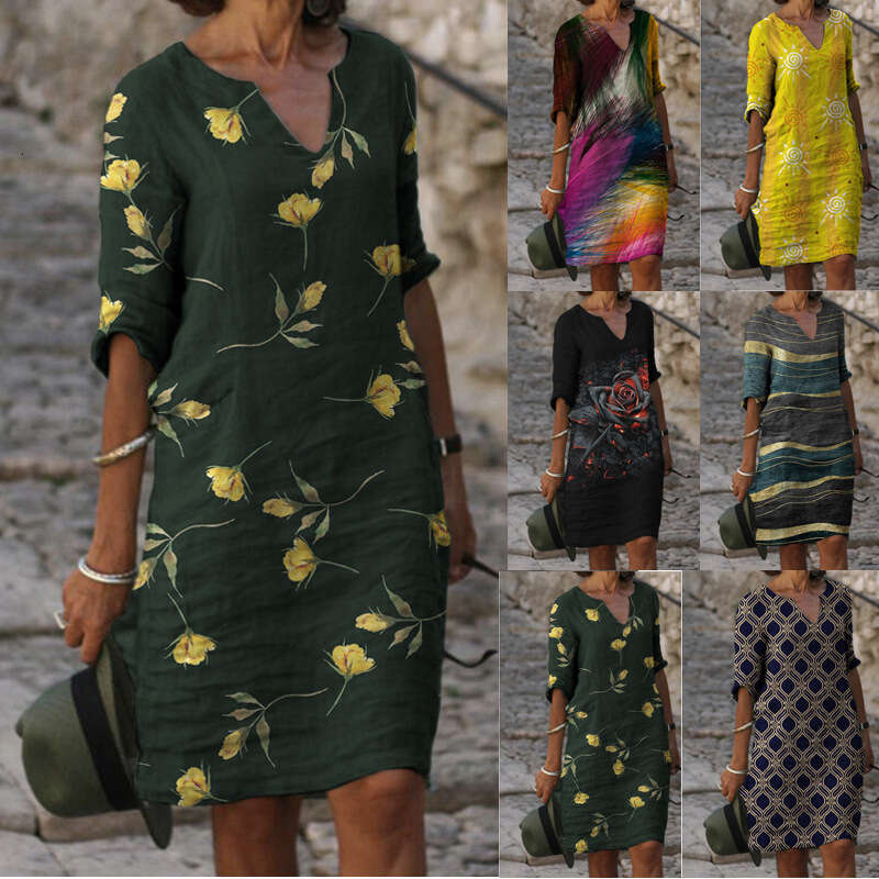 2021 summer print loose bamboo fiber en ral short sleeved women's retro artistic round neck five quarter sleeve 2024 new casual versatile fashion
