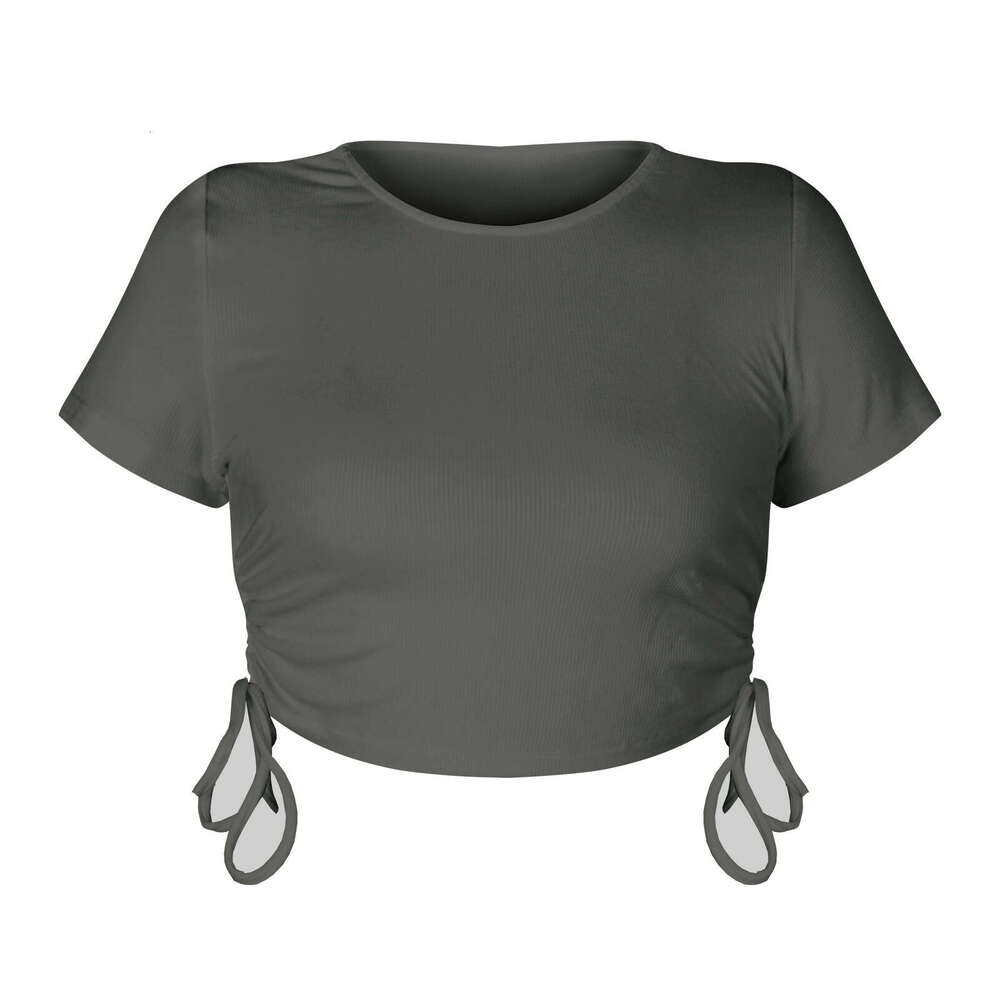 Fashionable Sexy Pit Stripe Exposed Navel Cut Drawstring Strap Round Neck Short Sleeved T-Shirt European And American Women's Top Fashionable Qua
