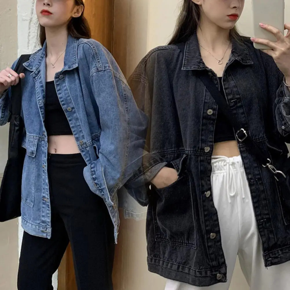 Womens jacket washed denim single breasted open button warm long sleeved shirt lapel womens coat clothing 241211