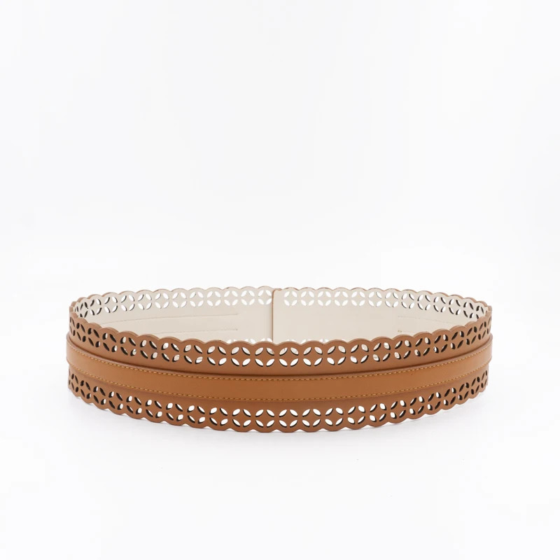 Bohemian style openwork waist seal ethnic style genuine leather wide silver buckle belt womens laser cut pattern 241216