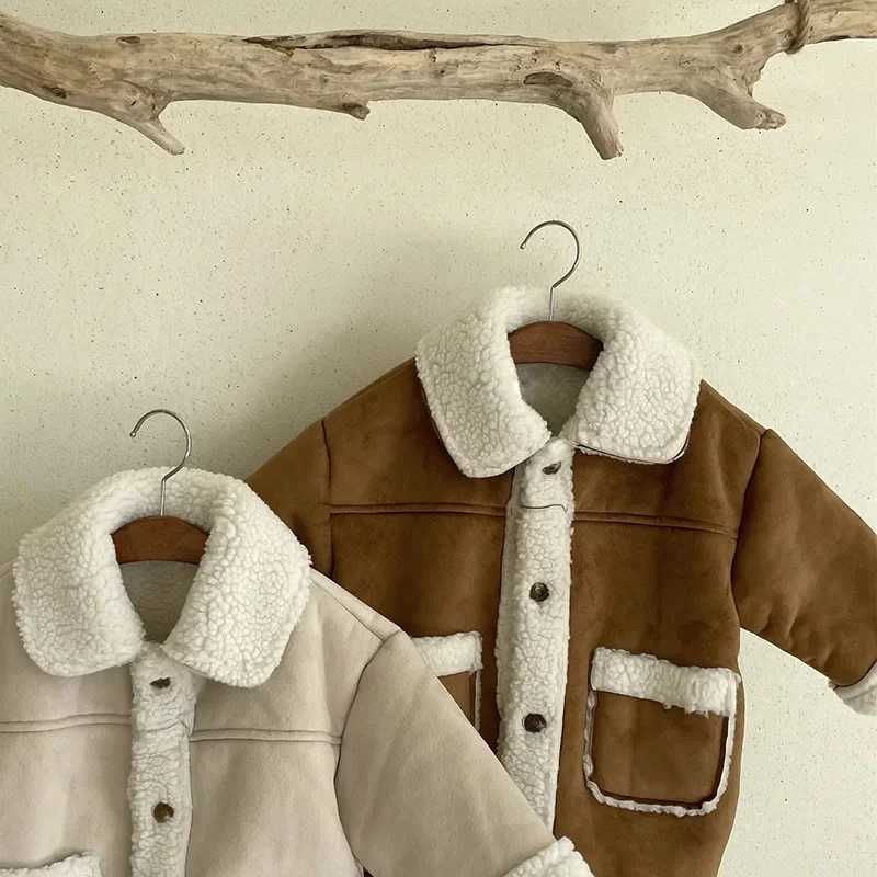 4387 Children Coat 2024 Autumn Korean Color Matching Boys Cardigan Coat Retro Casual Lamb Wool JacketXJ241214