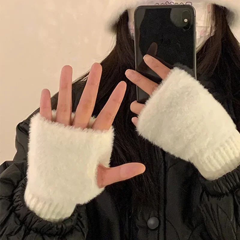 Mink wool soft winter half finger gloves for women warm and ious pure white plush knitted fingerless 241212