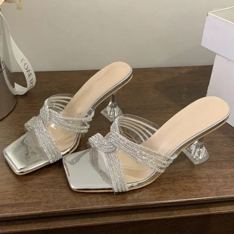 Slippers 2025 Summer Sexy PVC Transparent Open Toe Crystal Narrow Band Women Banquet Low Heels Shoes atos Mujer