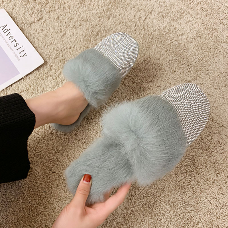 Slippers Ladies House 2023 Rhie Fur Crystal Winter Home Female Outdoor Mules Flats Shoes Slides For Women