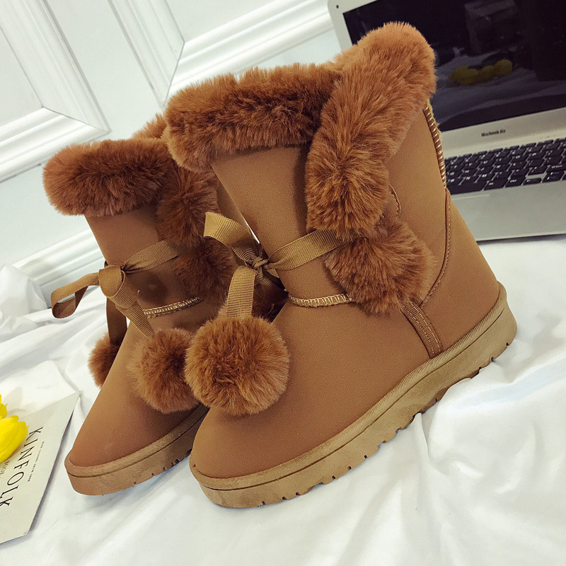 Women Suede Warm Winter Shoes Fur Ball Mid-Calf Female Fashion Boots Non-Slip Snow Casual botas