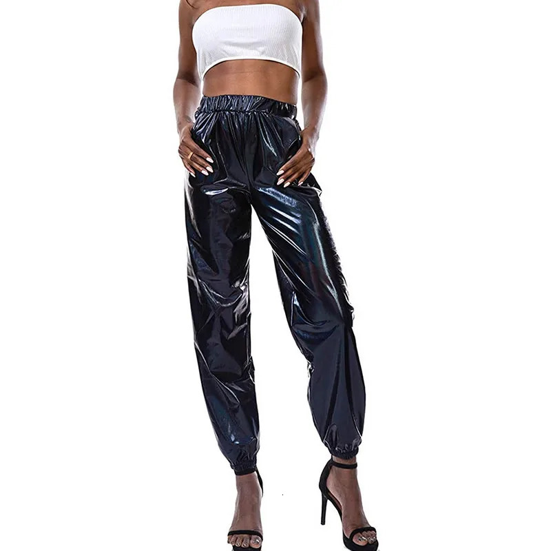 Womens Shiny Metallic Jogger Pants High Waist Stretchy Holographic Color Hip Hop Trousers 241212