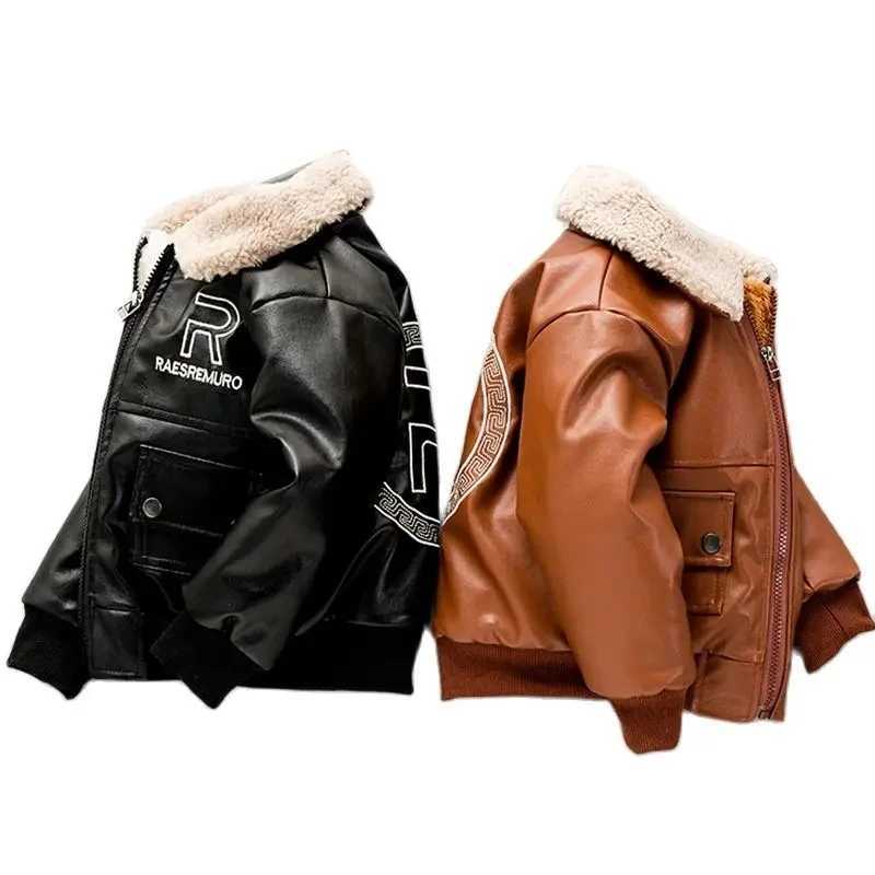 2024 New pattern Boys Coats Autumn Winter Fashion Korean Childrens lapel Plus Velvet Warming Cotton PU Leather Jacket For 2-12YXJ241214