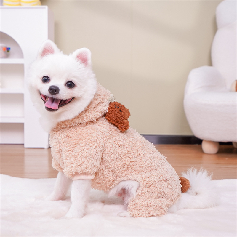 Winter Pet Apparel PlushThickened Warm Dog Jumpsuit Cute Bear Ear Four Legged Cats and Dogs Coat Coral Velvet Hoodie