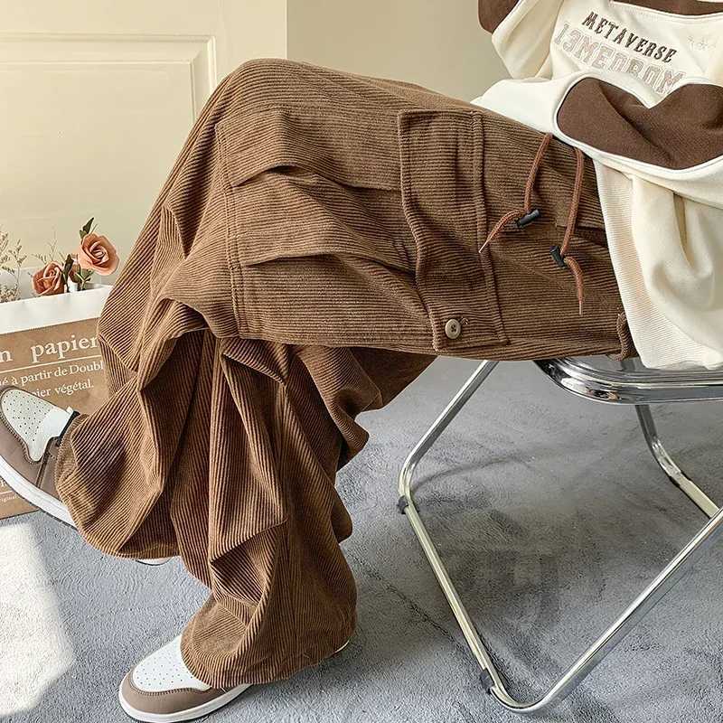Mens Brown Baggy Japan Pants Oversized Corduroy Loose Wide Leg Cargo Pant Trousers Casual Men Sweatpants Streetwear Korean X241216
