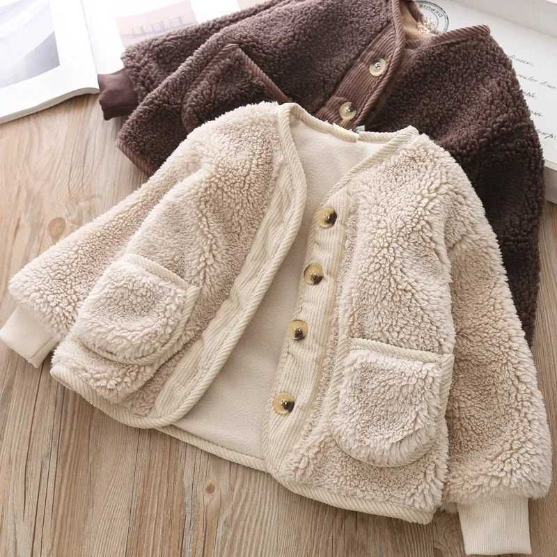 2024 Korean Boys Fall Winter Clothes For Girls Velvet Loose Lamb Velvet Warm Childrens Jacket Coat For Girls 0-5-year-oldXJ241214
