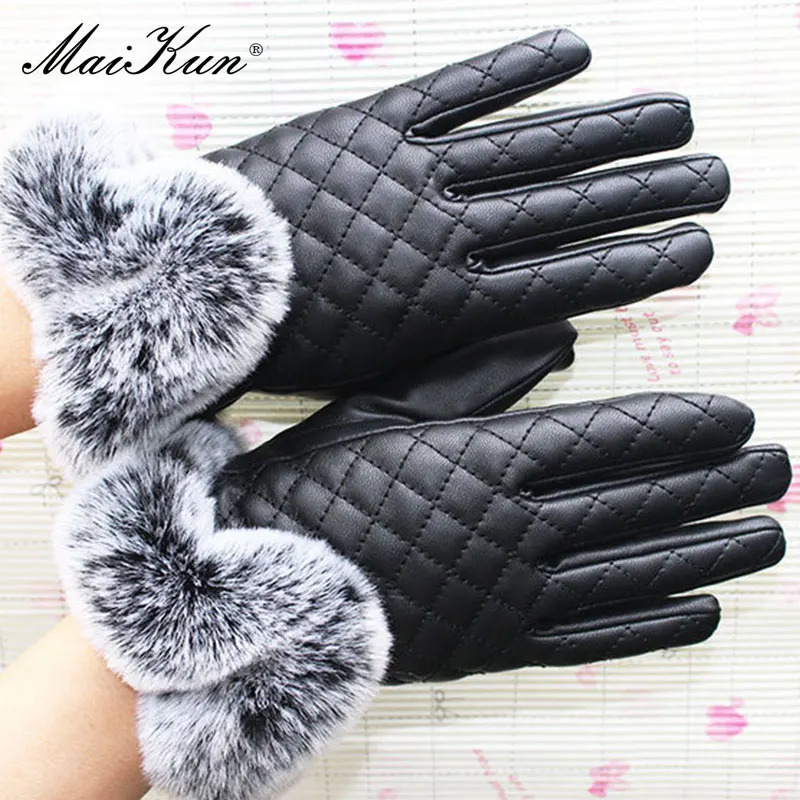 Maikun leather gloves PU autumn and winter style womens oversized Rex rabbit fur UK diamond grid thickened 241212