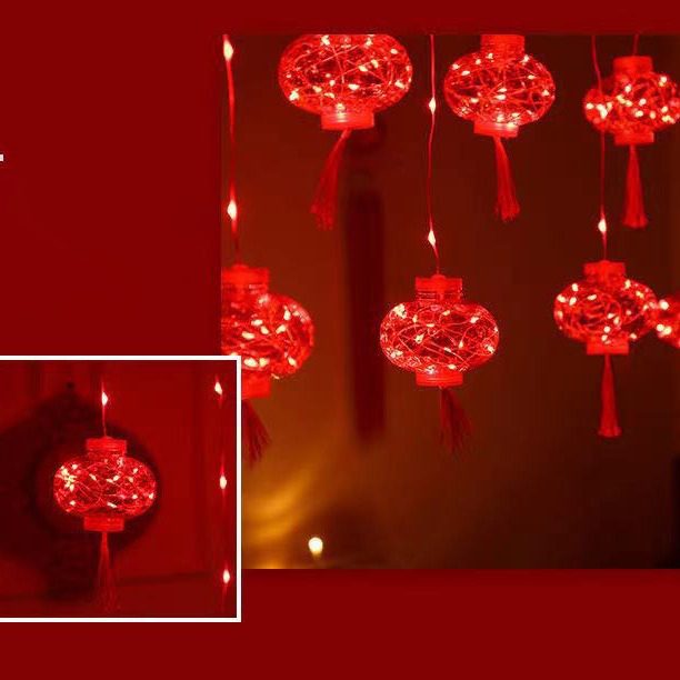 Festive Red LED Lantern-Shaped Curtain Lights for Family Celebrations