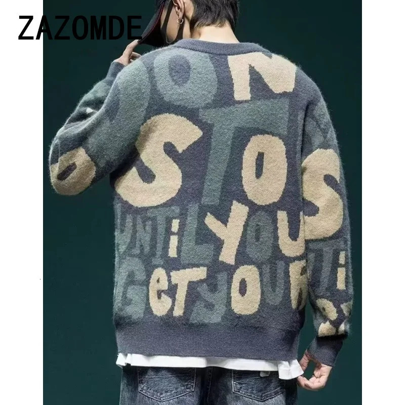 Vintage Letter Knit Sweater Men - Autumn Korean Casual O-Neck Top, Large Size, Sweetwear For Couples, Fashion