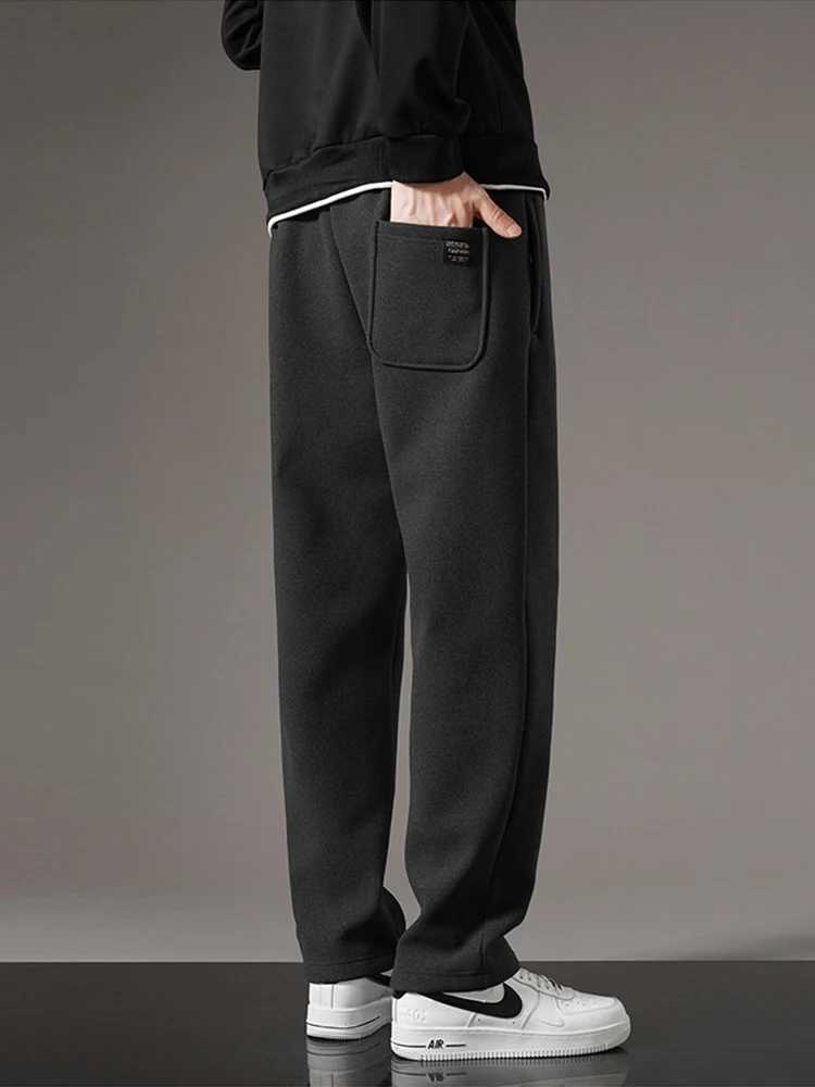 Winter wool sports pants mens thick jogging pants drawstring elastic waist zipper pocket hot straight track Trouser X241216