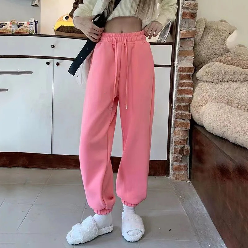 Autumn and winter wool warm sports pants for women solid casual high waisted fully matched drawstring thick harem 241212