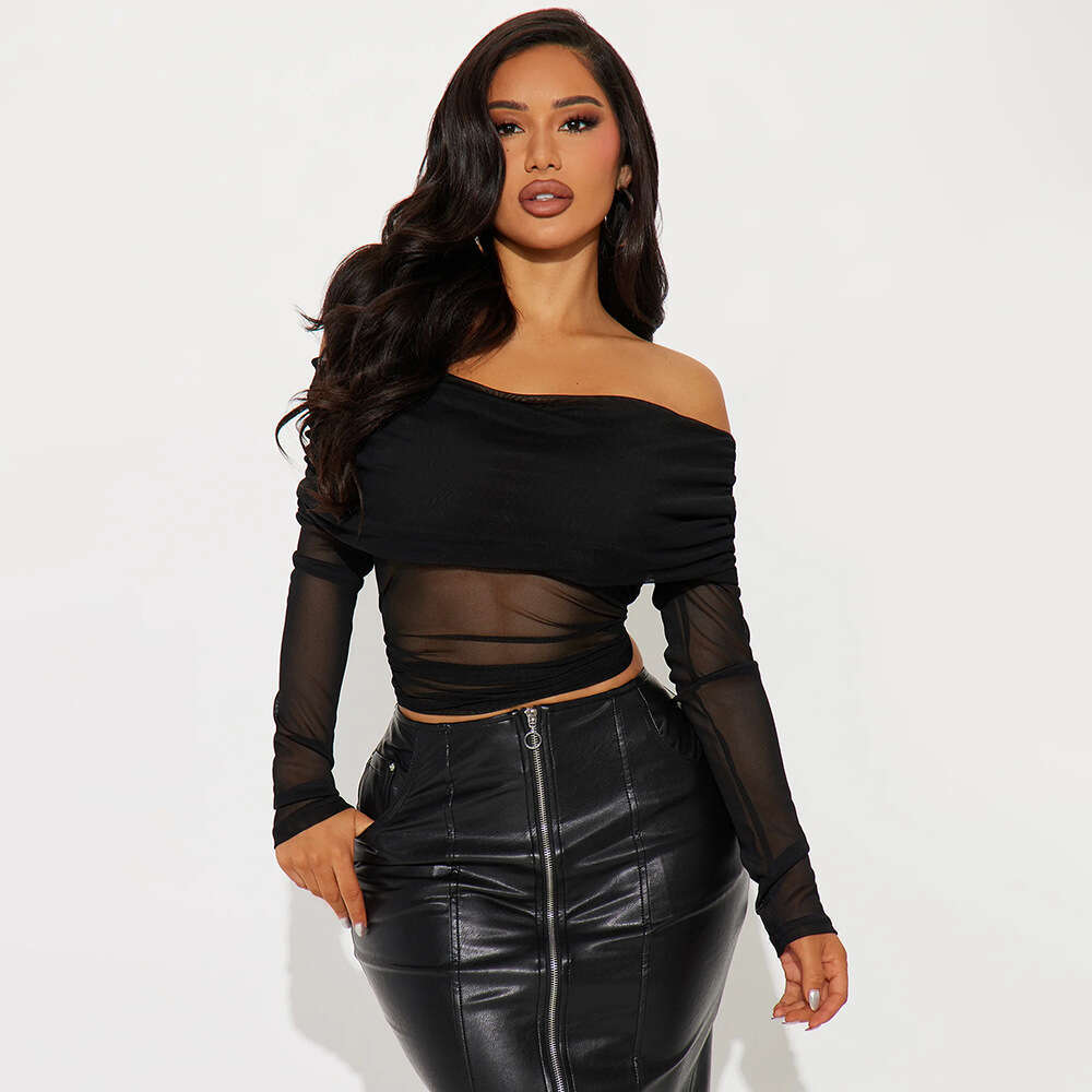 Spring Summer European And American Fashion Spicy Girl Style Top Plus Size Women's Clothing Strapless Mesh Semi Transparent Long Sleeved T-Shirt 