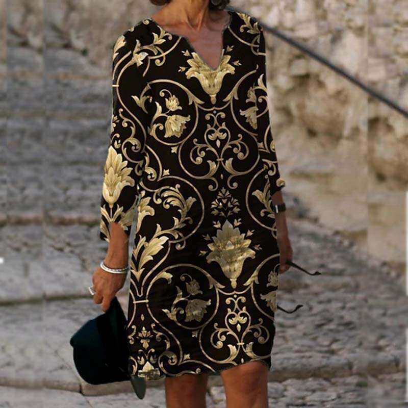 2020 summer print loose bamboo fiber en ral short sleeved women's retro artistic round neck five quarter sleeve 2024 new style chic and elegant c