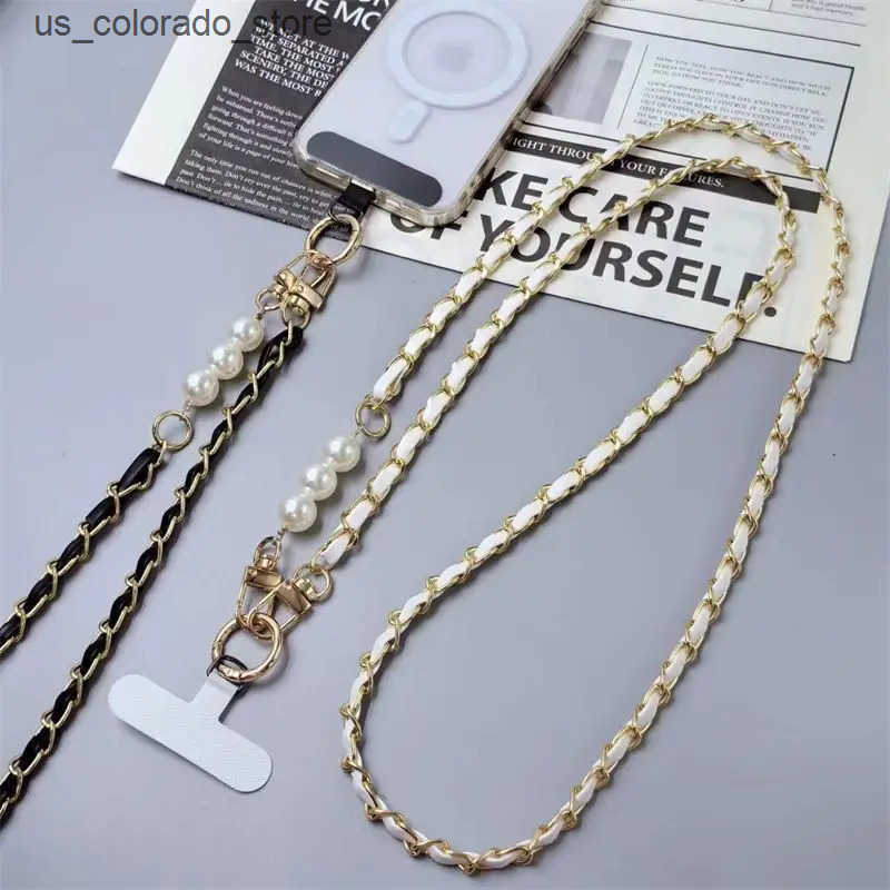 Cell Phone Cases Phone Lanyard Womens Long Leather Woven Metal Chain With Pearl Phone Case Universal Phone Lanyard Diagonal Cross Bag Decoration L2409