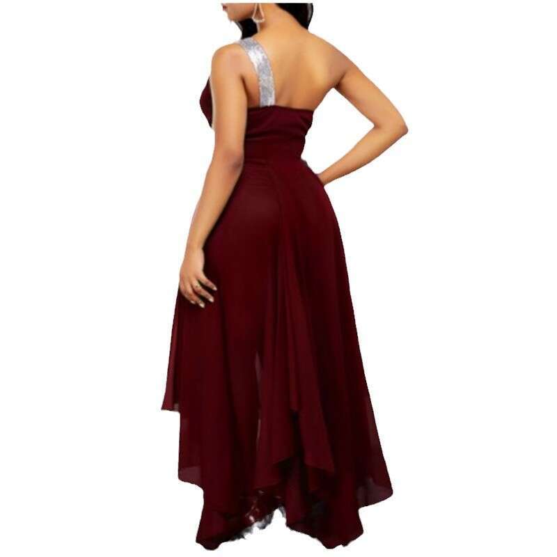 Summer European and American Single Asymmetric Hem Slant Shoulder Dress 2024 New Casual Versatile Fashion Clothing