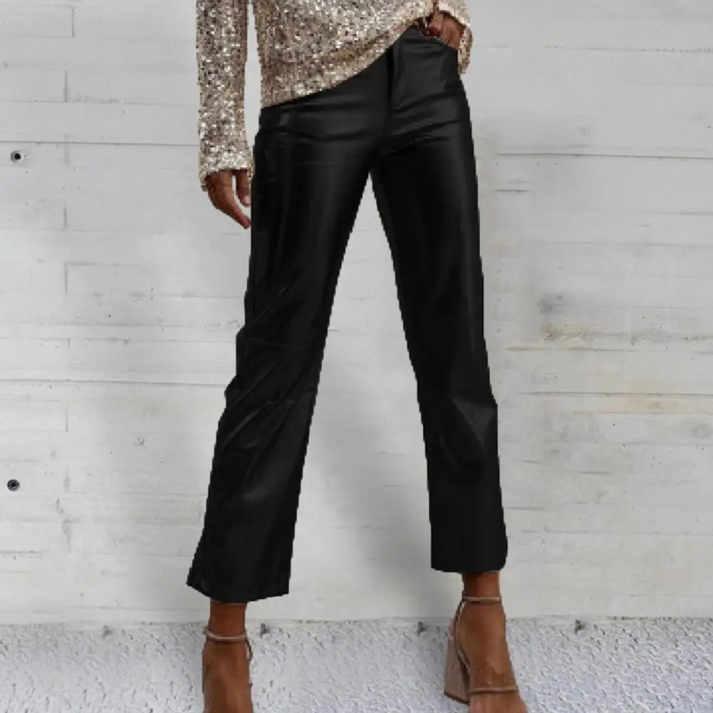 Womens metal straight leg PU pants artificial leather mid waist zipper breathable club party womens ninth pair of 241212