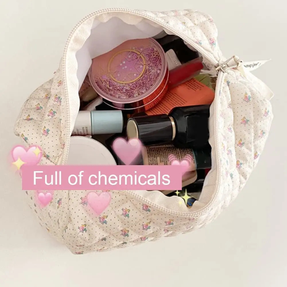 Floral Cotton Makeup Bag Large Capacity Travel Cosmetic Bag Quilted Pouch Coquette Aesthetic Toiletry Women Girls Ladies Storage 241212