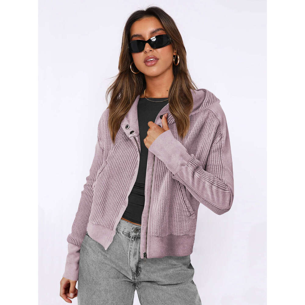 Jacket Splicing European And American Women's Hooded Lazy Style Zipper Hoodie Short Knitted Sweater Fashion Quality Classic