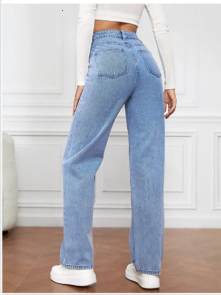 High Waist Light Blue Pocket Jeans Street Simple Casual Autumn Spring Straight Leg Pants 241212