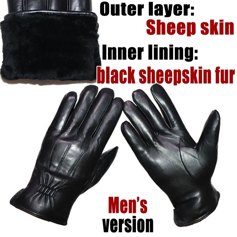 Deer skin pattern mens leather gloves sheepskin and fur integrated goat wool winter thick warm 241212