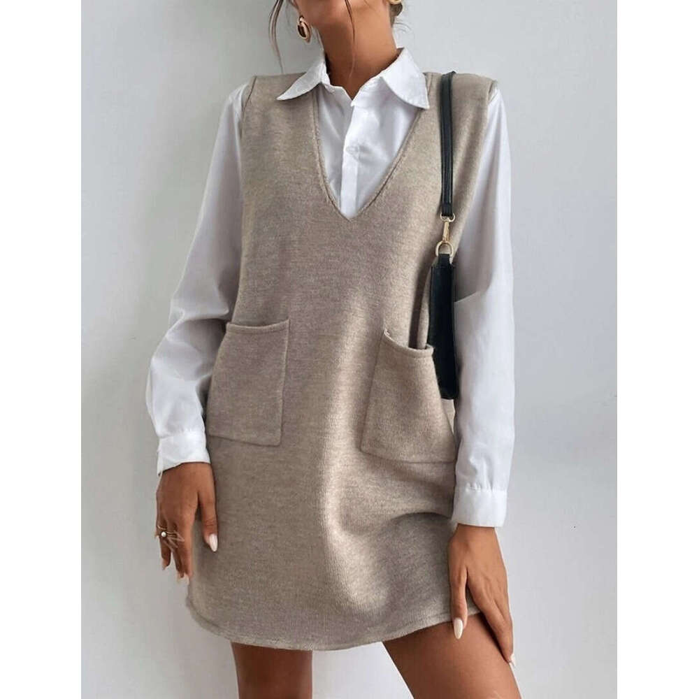 European And American Autumn Women's Long Double-Sided Vest Skirt Solid Color Sleeveless Dress Fashionable Quality Classic