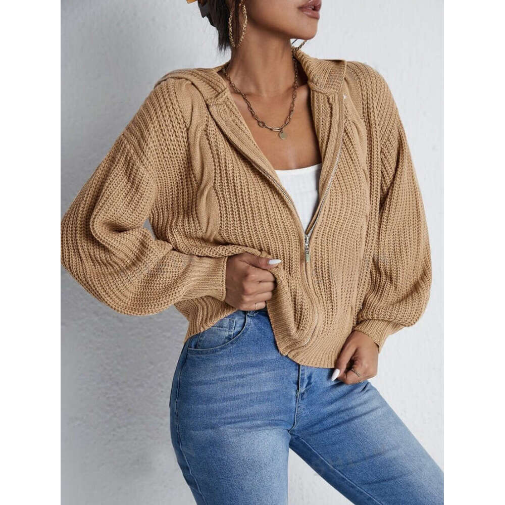 New European American Clothing For Foreign Trade, Women's Autumn And Winter Hooded Cardigan, Knitted Waffle Hoodie Top