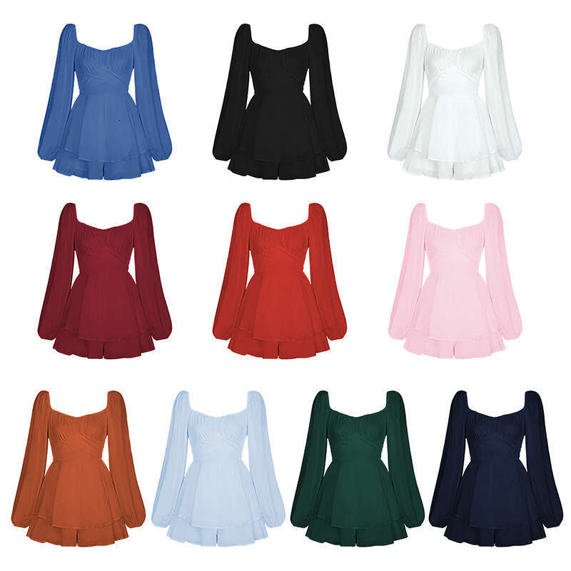 Jumpsuit Solid Color Women's Autumn Outfit Square Collar Lantern Long Sleeved Ruffle Edge Shorts Casual Skirt Pants Fashionable Quality Classic