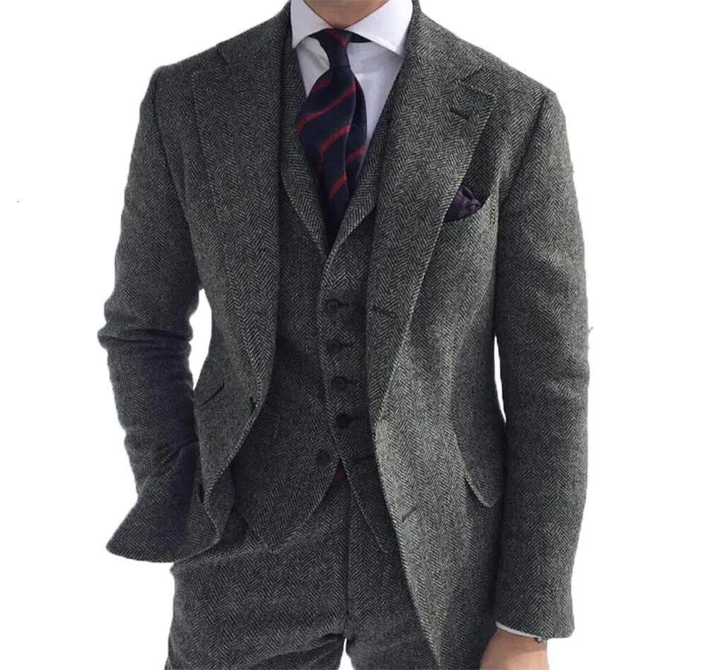 Gray Wool Tweed Winter Suit For Men Herringbone Slim Fit Formal Groom Tuxedo 3 Piece Wedding Male Suits