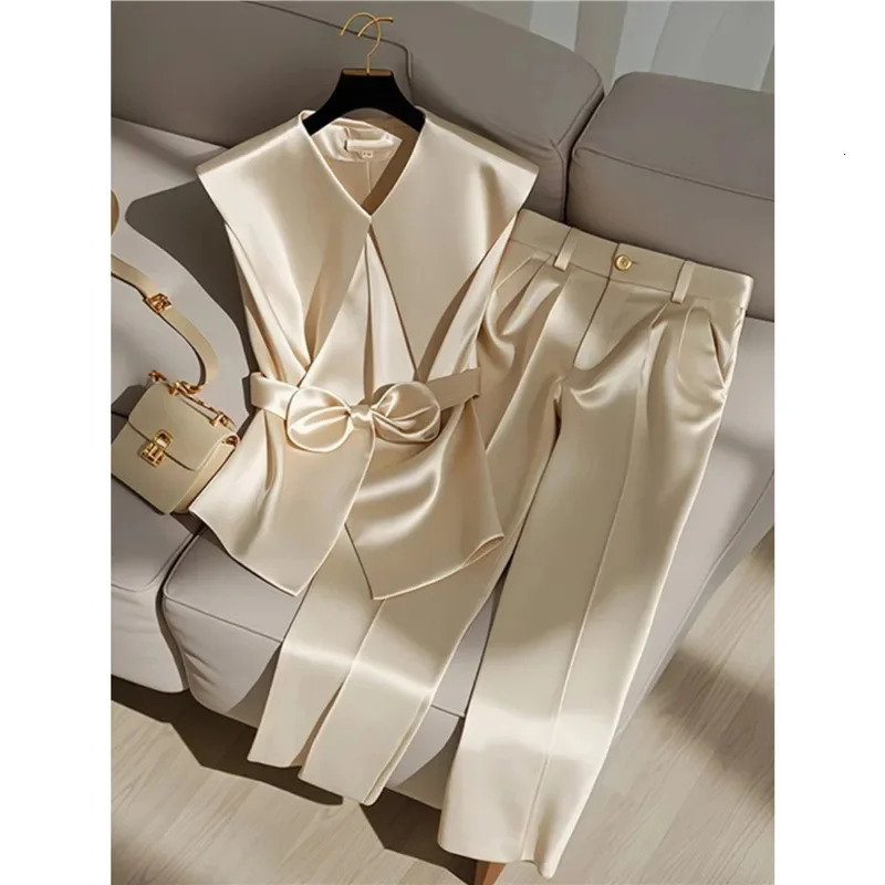 Bowknot Champagne Color Suit Womens Spring Summer Fashion perfume Style Sleeveless Tie Top Pants Professional 241212