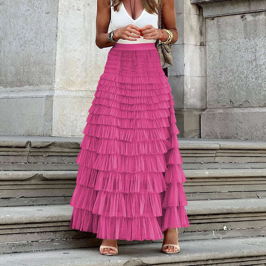 New French Style Long Dress For Women In Autumn, Elegant European And American Temperament, Solid Color High Waisted Mesh Cake Fluffy Half Skirt, Fash