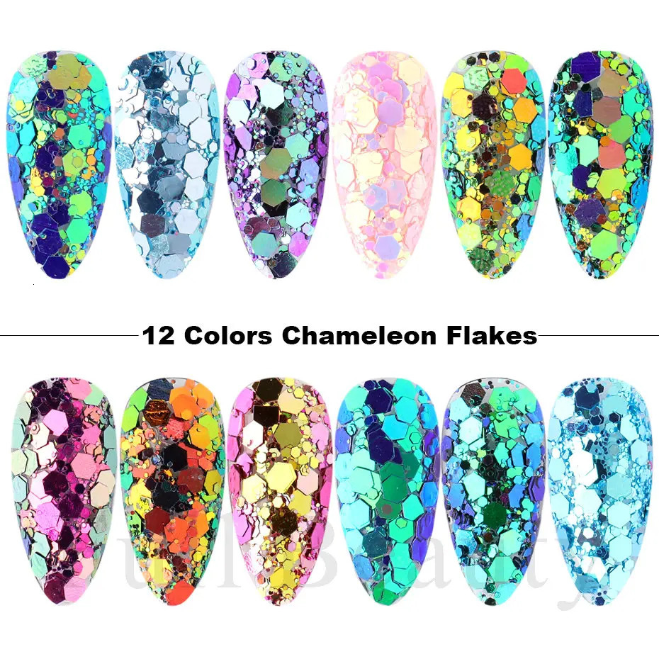 Mirror Iridescent Nail Art Sequins Holographic Mixed Hexagon y Glitter Powder Flakes Sparkly Spangles Manicure LAGB 241213