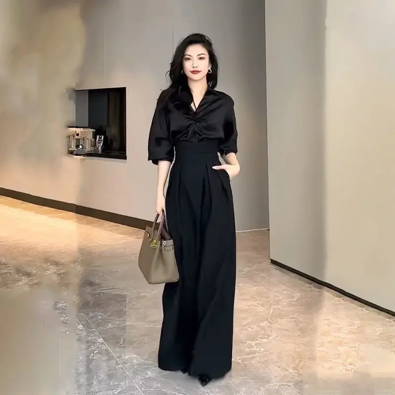 2024 Black n Wide Leg Pants Weight Loss Set Magic High Waist Loose Straight Pull Down Mop Casual Trousers 241212