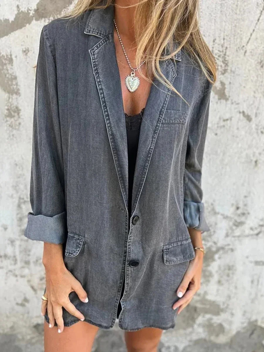Womens oversized denim jacket retro long sleeved button down boyfriends autumn 241211