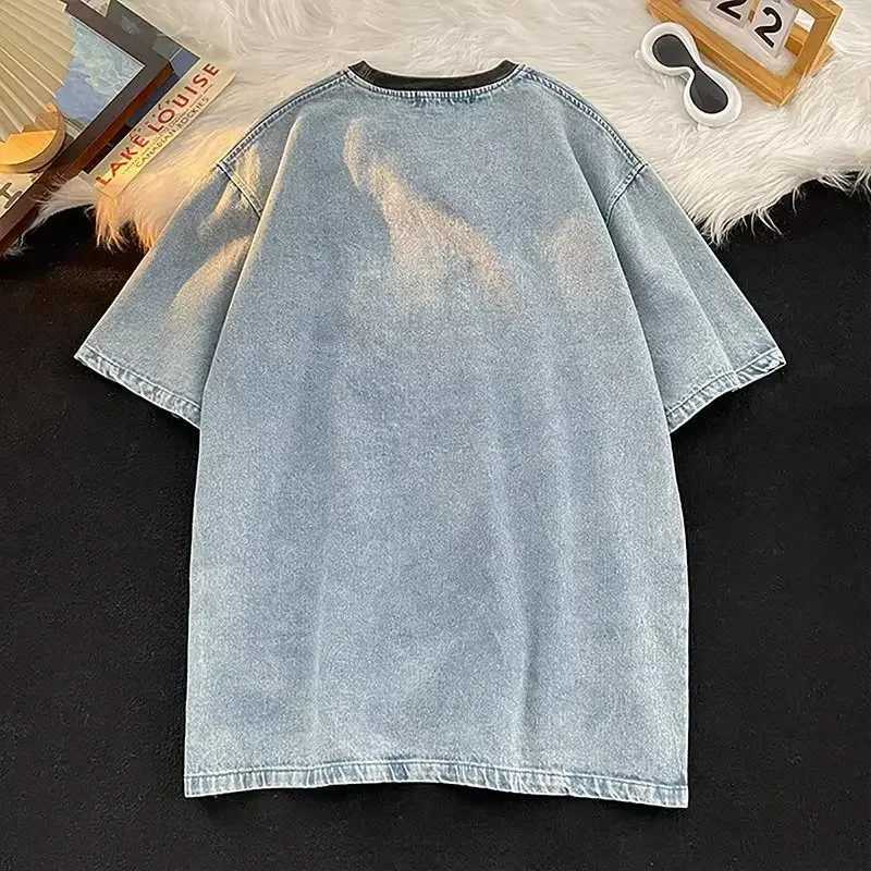 New style washed distressed denim short-sleeved mens loose summer heavy fashion brand pure cotton round neck T-shirt y2k tops W241216
