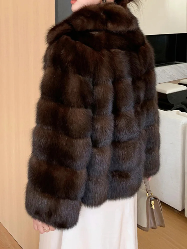 DEAT Fashion Womens Faux Fur Coat Vneck Long Sleeves No Placket Thickening Warm Pockets Overcoat Winter 7AB2642 241121
