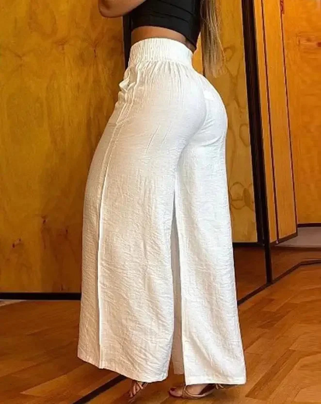 Womens high waisted wide leg pants elegant chain decoration black Trousers casual clothing white summer 241212