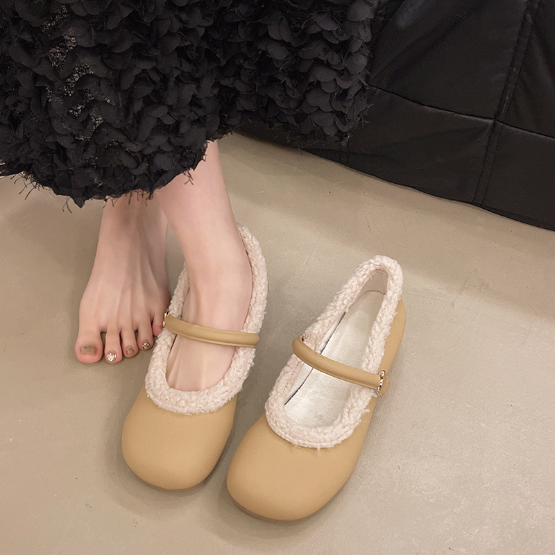 Wholesale low sole velvet Mary Jane shoes, thickened seasonal shoes, square toe single shoes, hairy autumn and winter women's Velcro for warmth