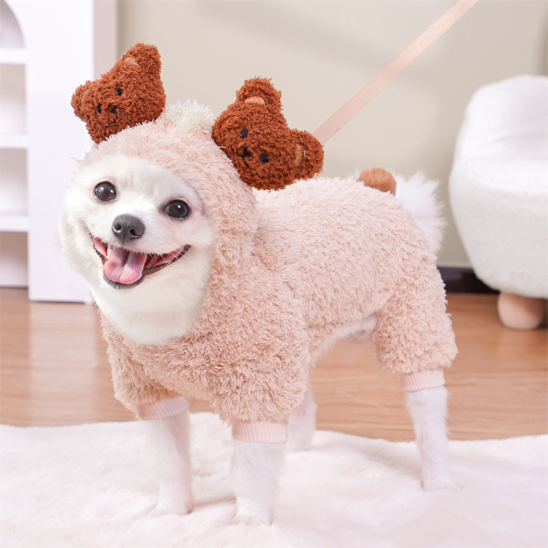 Winter Pet Apparel PlushThickened Warm Dog Jumpsuit Cute Bear Ear Four Legged Cats and Dogs Coat Coral Velvet Hoodie