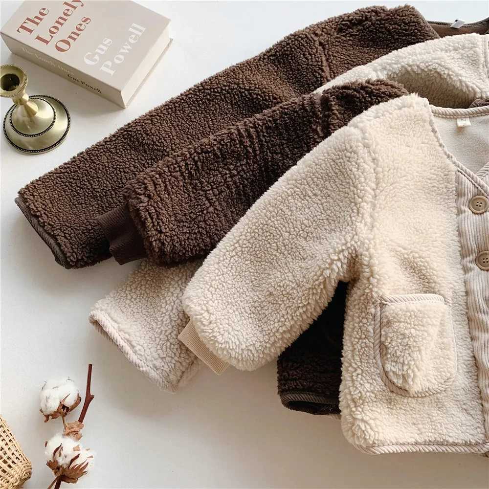 2024 Korean Boys Fall Winter Clothes For Girls Velvet Loose Lamb Velvet Warm Childrens Jacket Coat For Girls 0-5-year-oldXJ241214